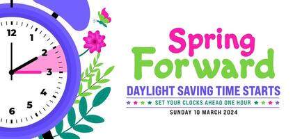 Spring Forward concept 2024 banner. Daylight Saving Time Starts background with cartoon doodle style with funny clock flower. schedule of changing clocks at march 10, 2024. Spring Forward clock banner vector