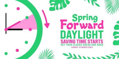 Spring Forward concept 2024 banner. Daylight Saving Time Starts background with cartoon doodle style with funny clock flower. schedule of changing clocks at march 10, 2024. Spring Forward clock banner vector