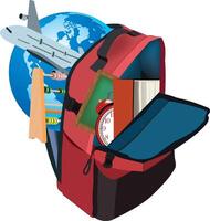 PrintBackpack with books, globe, airplane, and alarm clock - ready for discovery vector