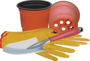 gloves, pot and shovel for gardening vector