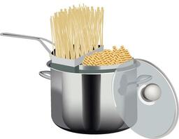 Spaghetti in a boiling pot with lid vector