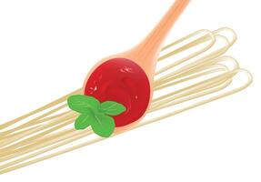 espaguetis con tomate salsa y albahaca en tenedor vector