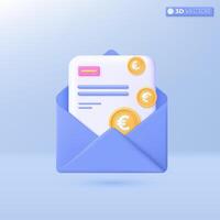 Envelope with euro coin icon symbols. Marketing online, money investment, offer of compensation, letter online email concept. 3D vector isolated illustration design. Cartoon pastel Minimal style