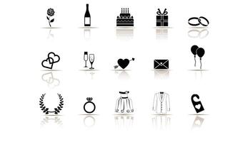 Wedding Icons Glyph Solid Vector Pack Set of silhouettes. Web icons set. Wedding, bridal, drinks, love, celebration.