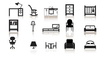 Furniture black icon vector set. bed, study table, chair, dining table, cupboard, tv table. Collection of furniture illustration symbols.