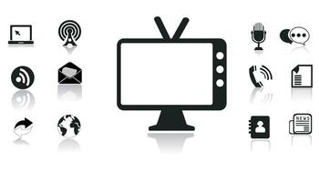 simple communication on white. collection of communication tools. telephone mic, television, contacts, letters, signals and document files vector