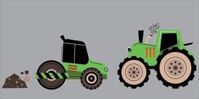 construction vehicles, road building, compactor and tractor machines flat vector illustration.