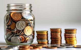 AI generated Financial Growth Coins in Jar and Stacks photo