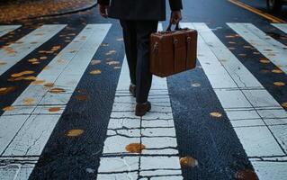 AI generated Businessman Carrying Briefcase Crosses Street on Zebra Crossing photo