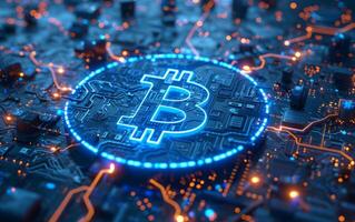 AI generated Glowing Bitcoin on Circuit Board Background photo