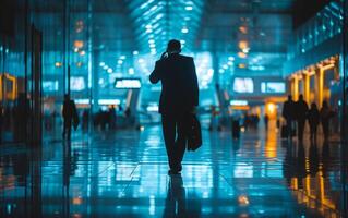 ai generado empresario en aeropuerto terminal foto