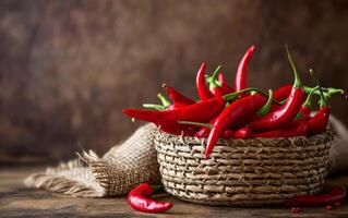 ai generado un pastoral cesta cargado con sorprendentes rojo chile pimientos foto