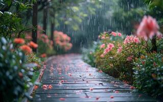 ai generado lluvia en lozano jardín foto