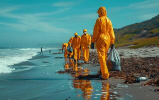 AI generated Volunteers Cleaning Up Beach at Sunset photo