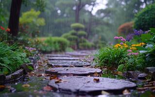 ai generado lluvia en lozano jardín foto