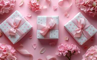 An overhead glimpse of tastefully wrapped gifts, featuring pink hydrangeas and petals lightly scattered photo