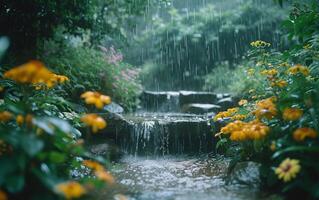 ai generado lluvia en lozano jardín foto