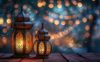 AI generated A couple of ornate lanterns radiate a warm ambiance on a wooden surface photo