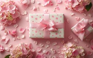 From above, see perfectly wrapped gifts, enhanced with pink hydrangeas and delicate petals spread around photo