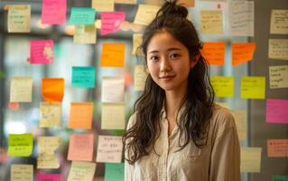 AI generated Modern Office Featuring a Young Female Professional with Sticky Notes photo