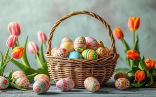 AI generated Tulips and Colorful Easter Eggs in a Wicker Basket photo