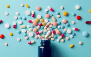 AI generated Overhead Shot Colorful Pills Spilling from Bottle onto Blue Background photo