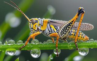 AI generated A macro perspective of a grasshopper, showcasing its vivid patterning. photo