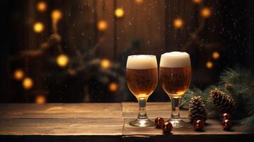 AI generated Festive Beer Glasses Amidst Christmas Decoration photo