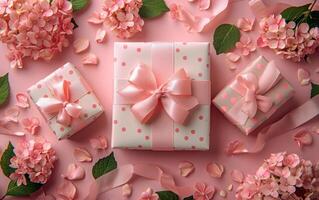 A top view of gifts elegantly adorned with pink hydrangea flowers, with petals delicately strewn around them photo