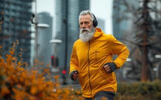 ai generado mayor Caballero corriendo en ciudad ambiente con auriculares foto