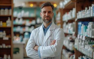 ai generado sonriente masculino farmacéutico en blanco Saco foto