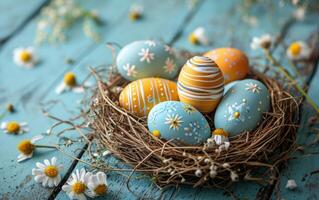 AI generated A blue wooden setting with Easter eggs nestled in straw photo