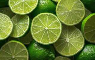 AI generated A crisp, high definition photo of newly sliced lime wedges