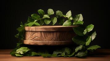 AI generated Elegant Wooden Podium Amidst Lush Green Foliage photo