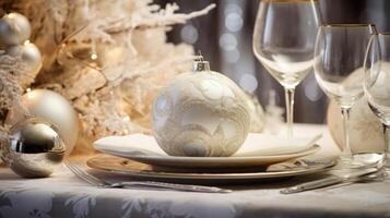 AI generated Christmas Dinner Table Setting, Winter Ambiance photo