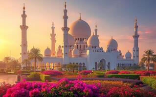 AI generated Luxuriant Garden and Noble Mosque at the Crack of Dawn photo