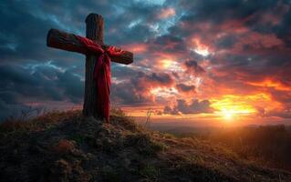 ai generado un firme de madera cruzar aparece en contra el dinámica y vistoso puesta de sol cielo foto