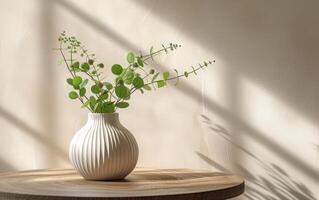 AI generated Green Sprigs in Stylish Modern Vase on a Wooden Table, Neutral Wall in Background photo