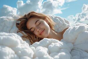 ai generado mujer dormir entre mullido blanco nubes foto