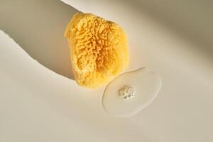 Natural sea sponge with a drop of washing gel next to it. photo
