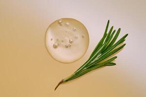 Drops of serum and a branch of fresh rosemary on a beige nude background. photo