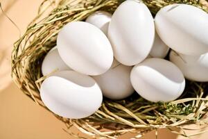 Wicker basket with farm natural white eggs. photo