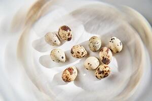 Quail eggs on a white linen towel close-up. photo