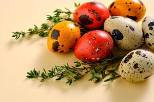 Pascua de Resurrección composición de codorniz huevos y césped en un beige antecedentes. foto