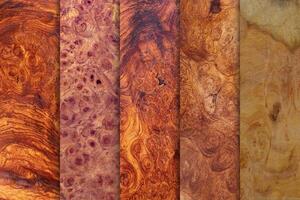 Natural real Afzelia burl wood planks with groove joints have a vertical background photo