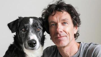AI generated Man standing next to his dog, both looking directly at the camera with affectionate expressions, against a clean white background, generative AI photo