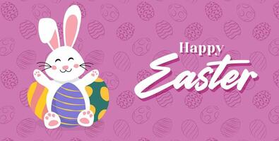 Happy Easter card with easter eggs garland and rabbit. Simple vector decoration