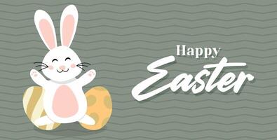 Happy Easter card with easter eggs garland and rabbit. Simple vector decoration