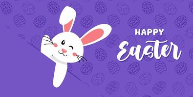 Happy Easter card with easter eggs garland and rabbit. Simple vector decoration