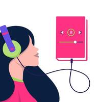 Woman with headphones connected to a book ,listening audiobook. Digital bookstore app concept ilustration vector